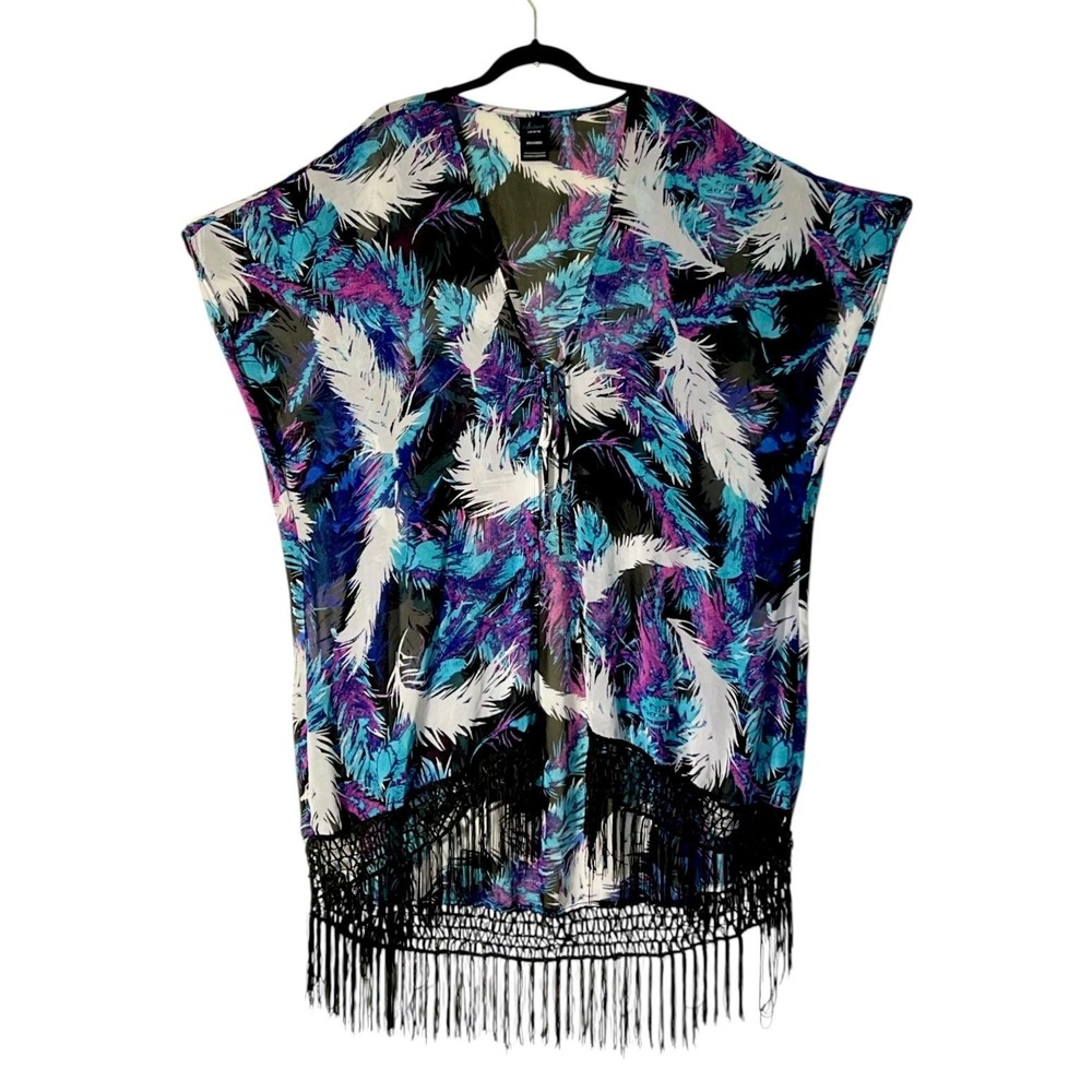 Catalina Kimono‎ Cover Up Womens Large 12-14 Plume Feather Print Sheer Fringe